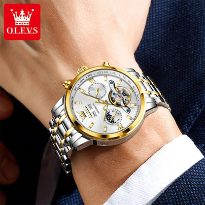 OLEVS 6740 Skeleton Flywheel Artistic Multifunctional Dials High Definition Translucent Coated Mirror Luminous Men's Watch