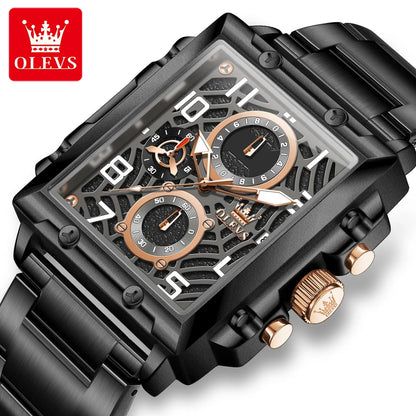 OLEVS Brand Square Multifunctional Quartz Watch for Men Stainless Steel Waterproof Sport Chronograph Mens Watches Reloj Hombre