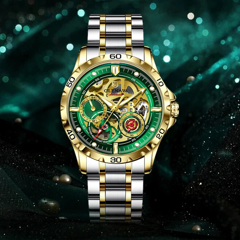 2025 New GLENAW Design Luxury Mechanical Watch Men Stainless Steel Strap Night Light 24-hour Display Waterproof Automatic Watch