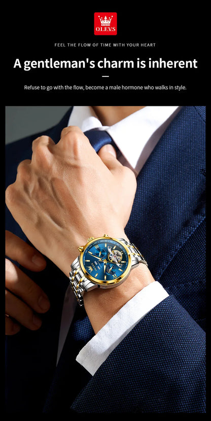 OLEVS 6740 Skeleton Flywheel Artistic Multifunctional Dials High Definition Translucent Coated Mirror Luminous Men's Watch