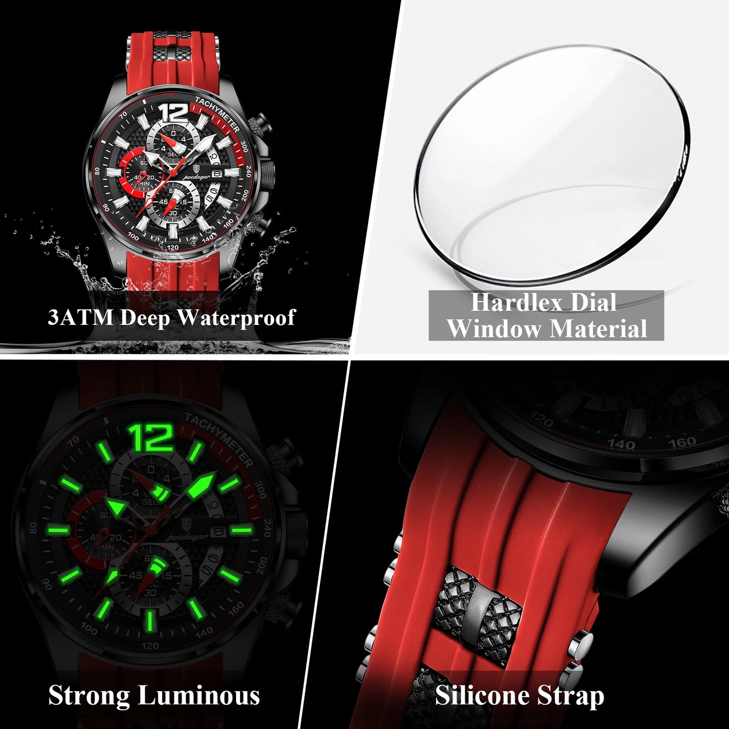 POEDAGAR Functional Watch For Men Date Chronograph Luminous Waterproof Silicone Classic Male Watch Quartz Original Men's Watches