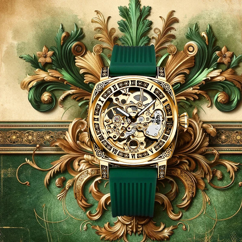 A men's yellow-green casual stylish watch with an intricately engraved strap and fully automatic mechanical movement