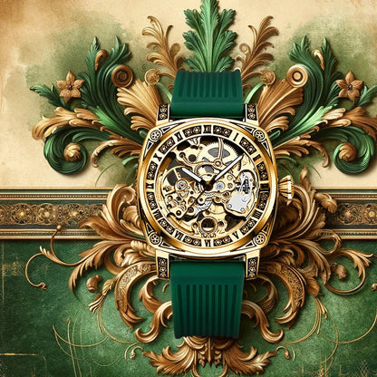 A men's yellow-green casual stylish watch with an intricately engraved strap and fully automatic mechanical movement