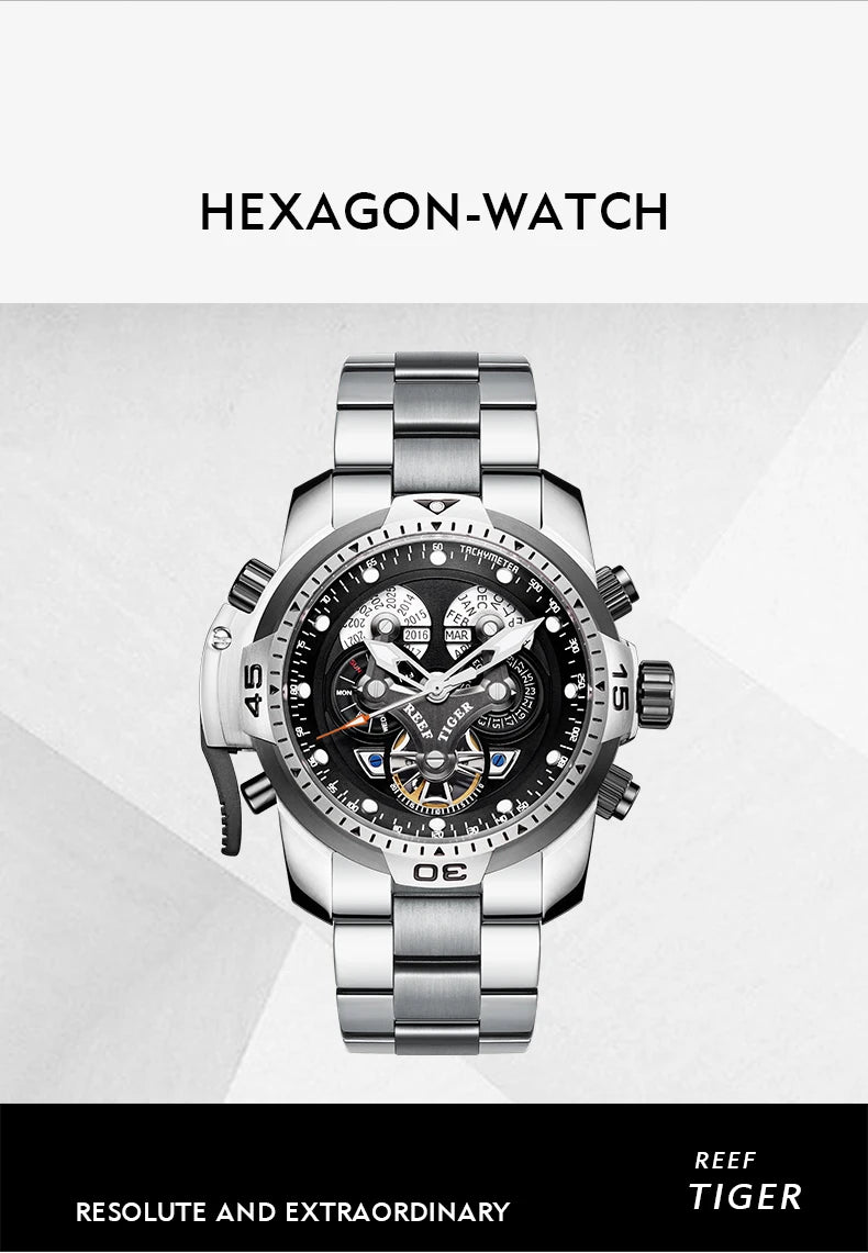 Reef Tiger/RT Designer Stainless Steel Completed Calendar Automatic Watch Men Date Rose Gold Bracelet Mechanical Watches RGA3503