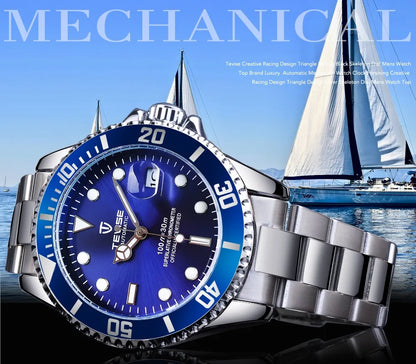 TEVISE Men's Luxury Automatic Mechanical Watch Blue Ocean Dial Stainless Steel Sport Watch, Business Casual Style with Date D