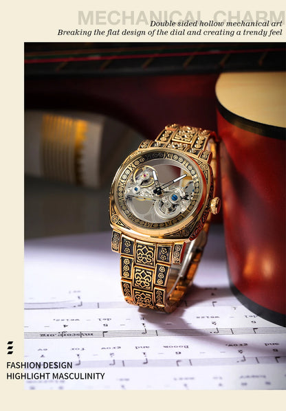 Forsining Vintage Square Skeleton Automatic Mechanical Watch for Men Engraved Case Steel Leather Strap Business Mens Watches