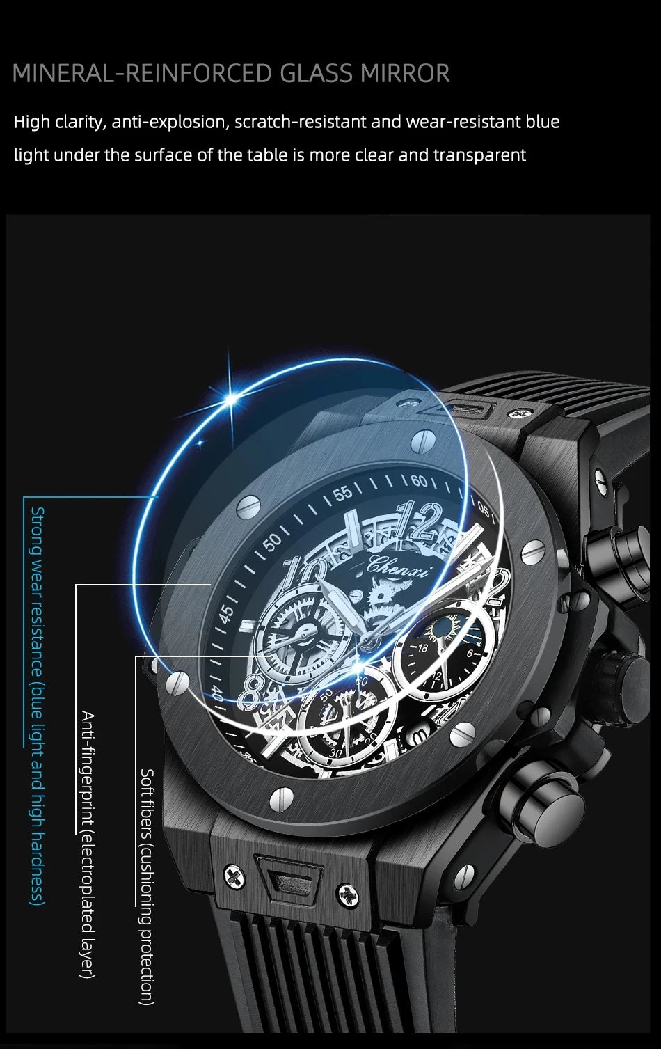 CHENXI Men's Fashion Silicone Chronograph Watch Multifunctional Cool Luminous Quartz Starry Lunar Phases Sport Wristwatch