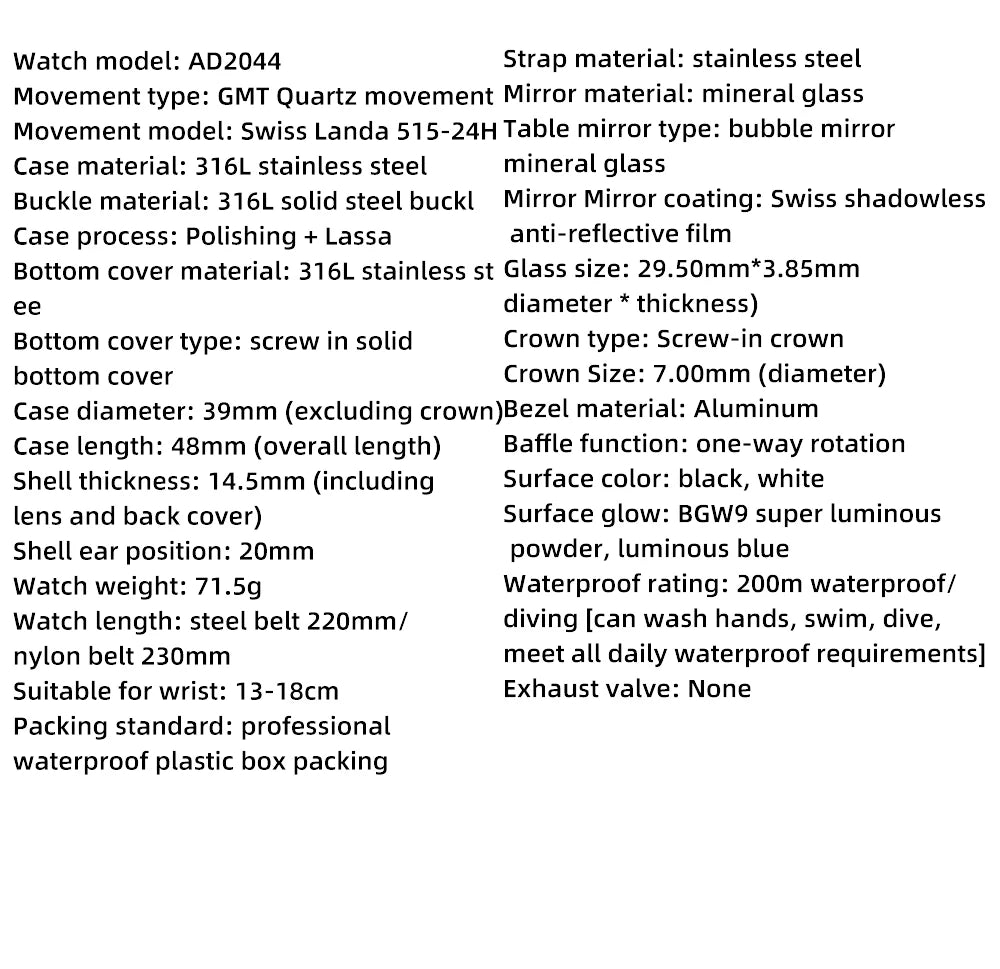 ADDIESDIVE Luxury GMT Men's Diving Watch 200m Waterproof Bubble Mirror Glass Quartz Watch BGW9 Blue Luminous Sports Watch AD2044