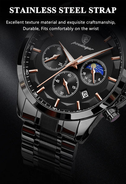 POEDAGAR Top Business Men's Watches Waterproof Luminous Stainless Steel Fashion Men Wristwatch Chronograph Date Man Quartz Watch