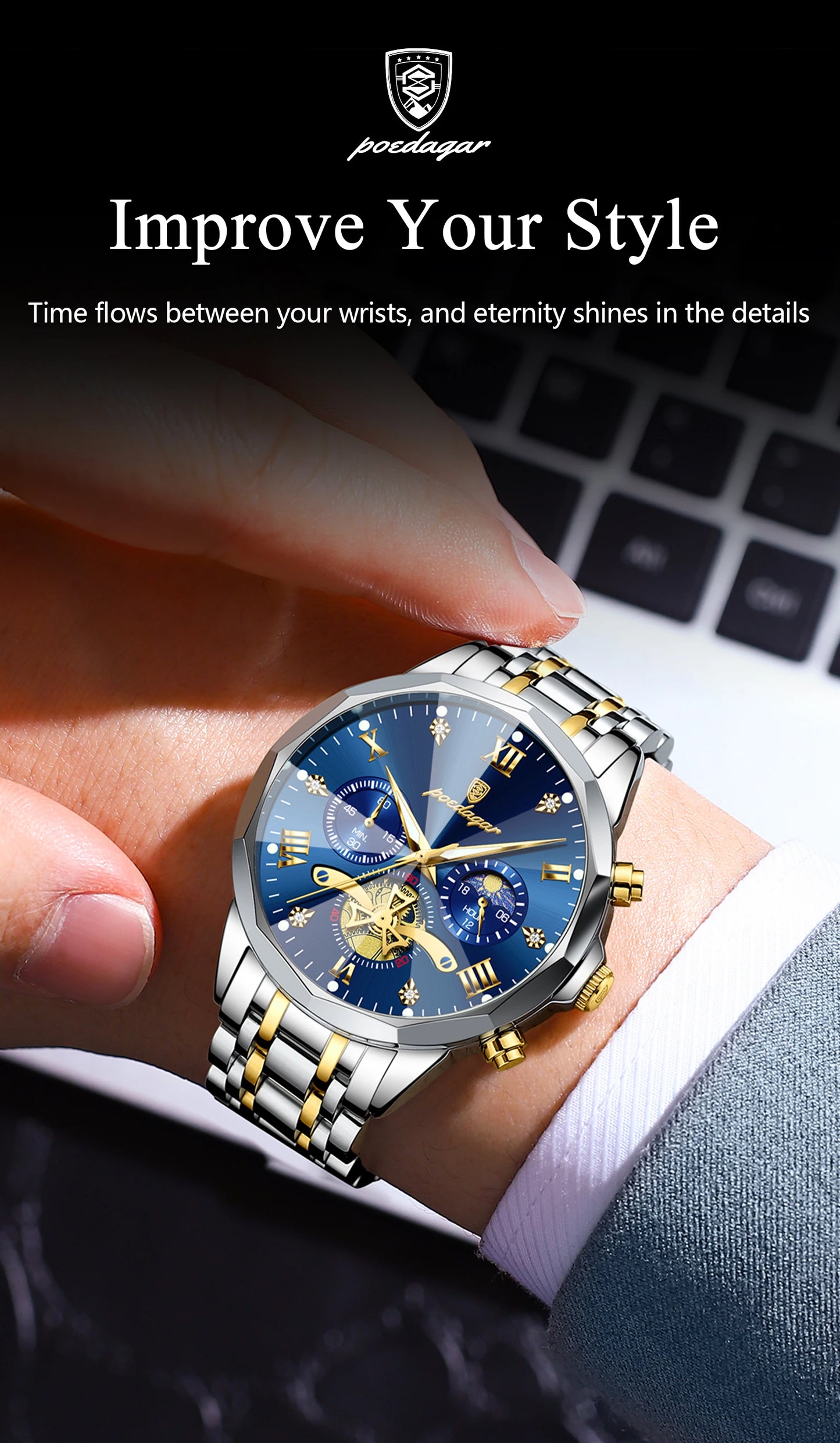 POEDAGAR Exquisite Business Men Watch Waterproof Luminous Chronograph Luxury Man Watches Stainless Steel Men's Quartz Wristwatch