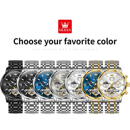 OLEVS 6740 Skeleton Flywheel Artistic Multifunctional Dials High Definition Translucent Coated Mirror Luminous Men's Watch