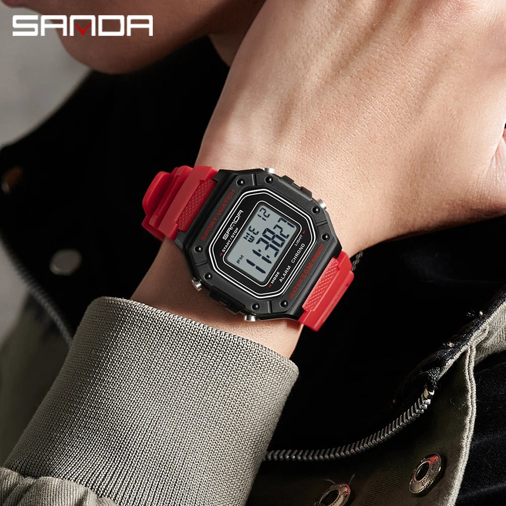 SANDA Fashion 2156 Men's Electronic Watch Movement Rectangular Sports Waterproof LED Display Screen Dial Men's Electronic Watch