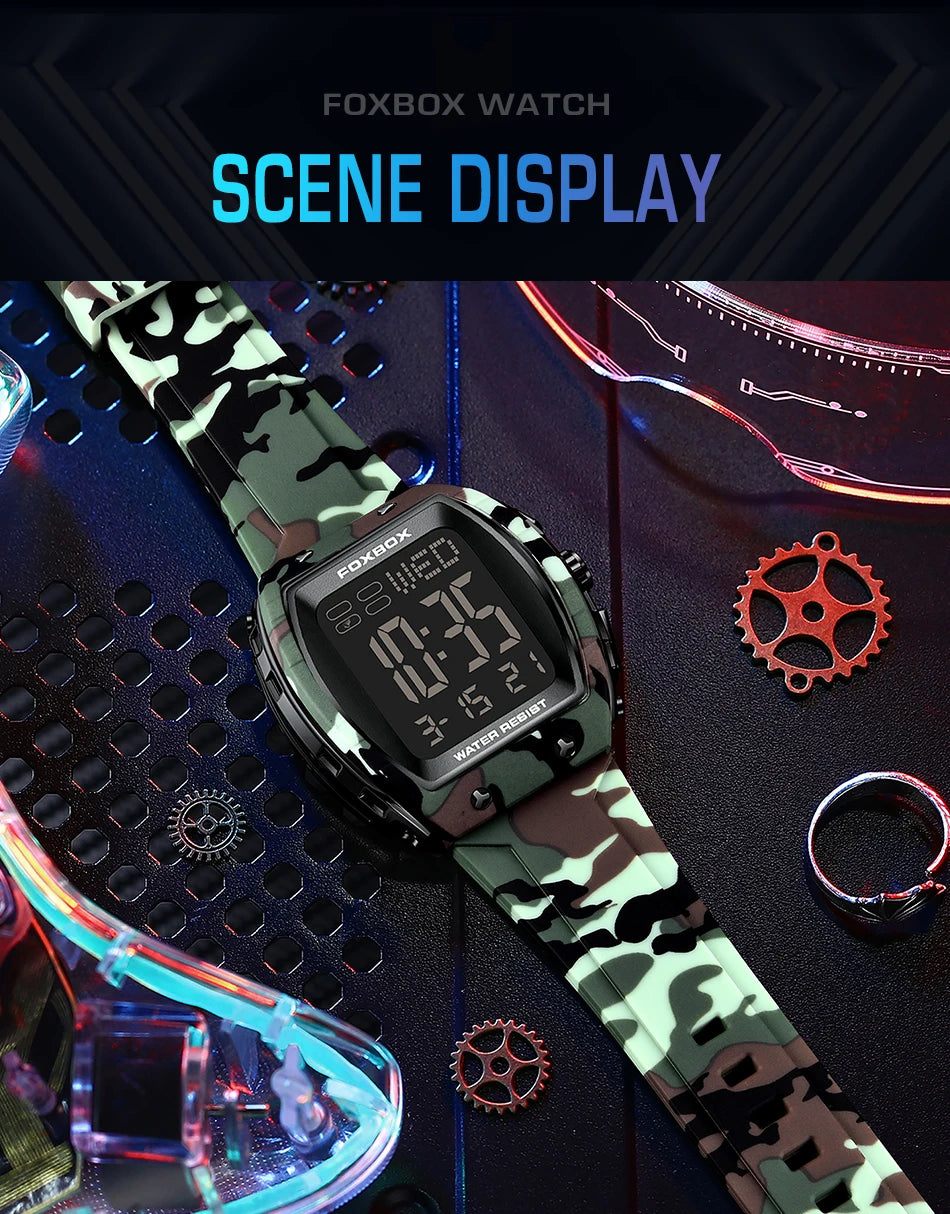 FOXBOX Military Watches For Men Fashion Square Waterproof Luminous Sports Men's Watch LED Electronic Wristwatch Reloj Hombre+BOX