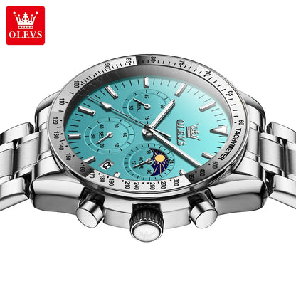 OLEVS Original Quartz Man Watch Stainless Steel Moon Phase Waterproof Chronograph Men's Wristwatches Auto Date Hand Clock 3618