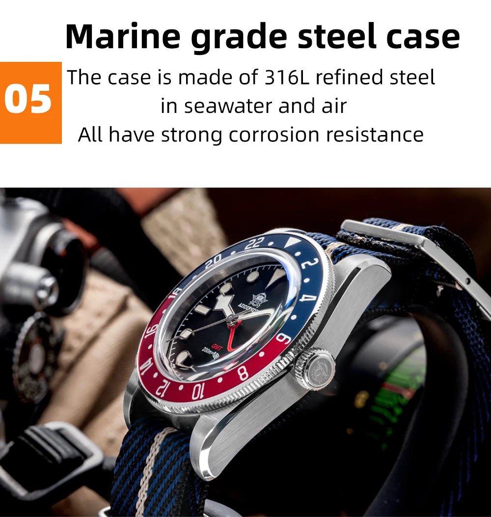 ADDIESDIVE TOP Quartz Watches 20Bar Diving BGW9 Super LuminousSwiss Ronda 515-24H GMT Watch Men's Watch relogios masculino