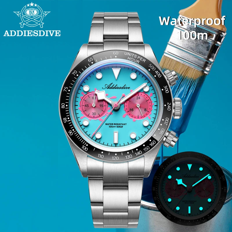 ADDIESDIVE 2026 NEW Multifunctional Chronograph VK64 Quartz Watch Ceramic Bezel Stainless steel Men's Watch Waterproof Luminous