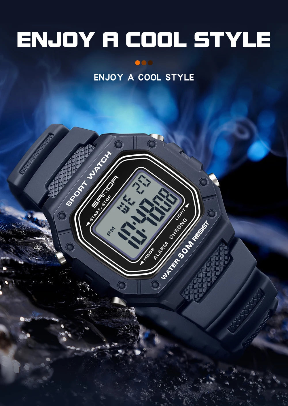 SANDA Fashion 2156 Men's Electronic Watch Movement Rectangular Sports Waterproof LED Display Screen Dial Men's Electronic Watch