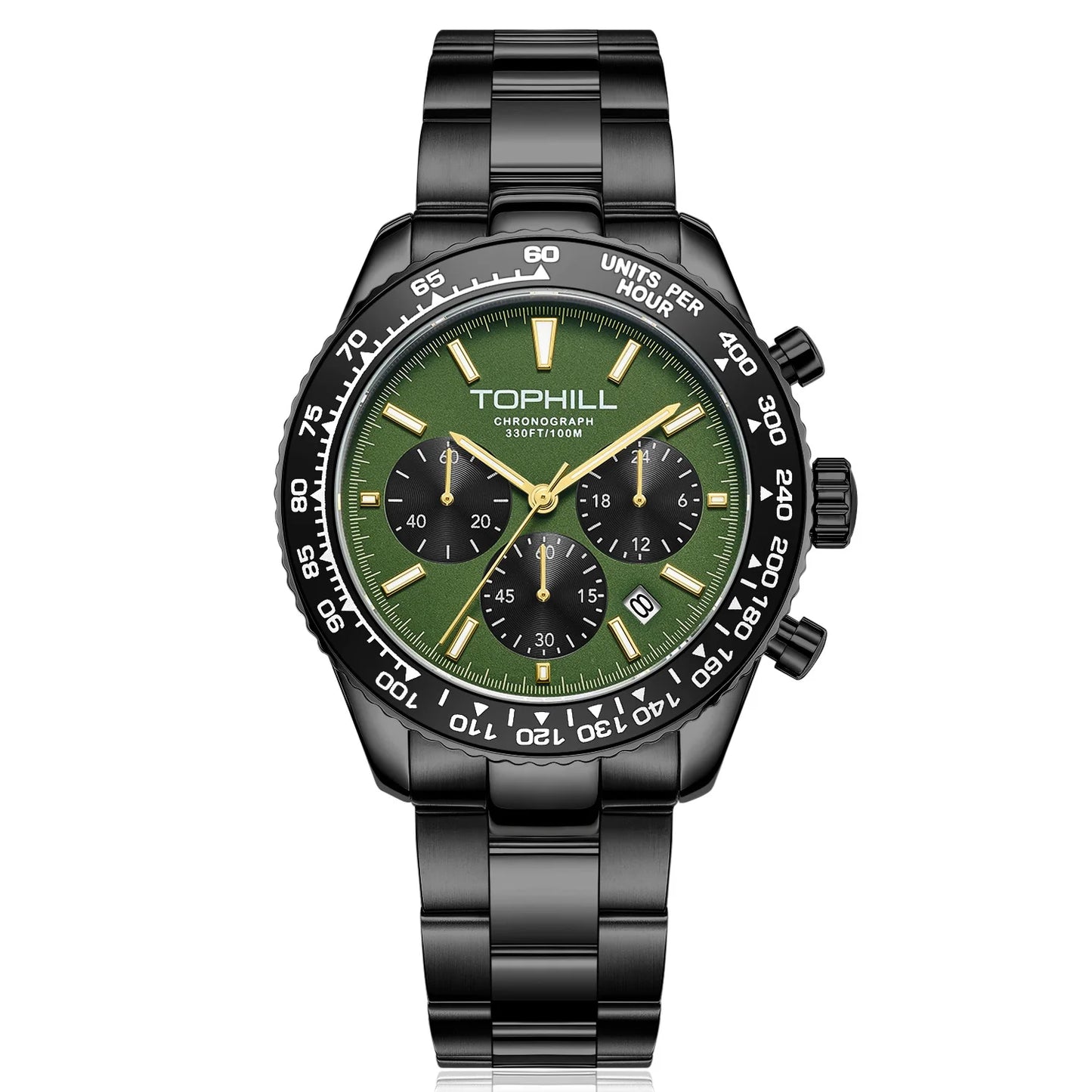 TOPHILL Racing Chronograph Men’s Quartz Watch Panda dial Tachymeter Bezel Sport Wristwatch Stainless Steel 100M Waterproof