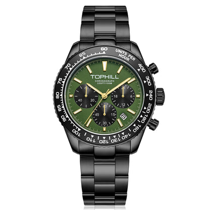 TOPHILL Racing Chronograph Men’s Quartz Watch Panda dial Tachymeter Bezel Sport Wristwatch Stainless Steel 100M Waterproof