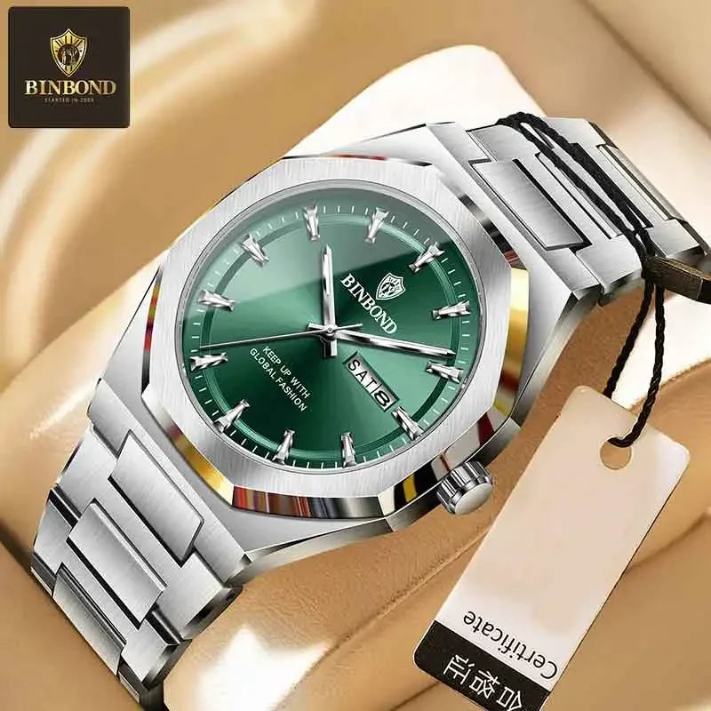 BINBOND Fashionable Men's Quartz Watch Dual Calendar Night Light Waterproof Trend Casual Business Sports Male Quartz Wristwatch
