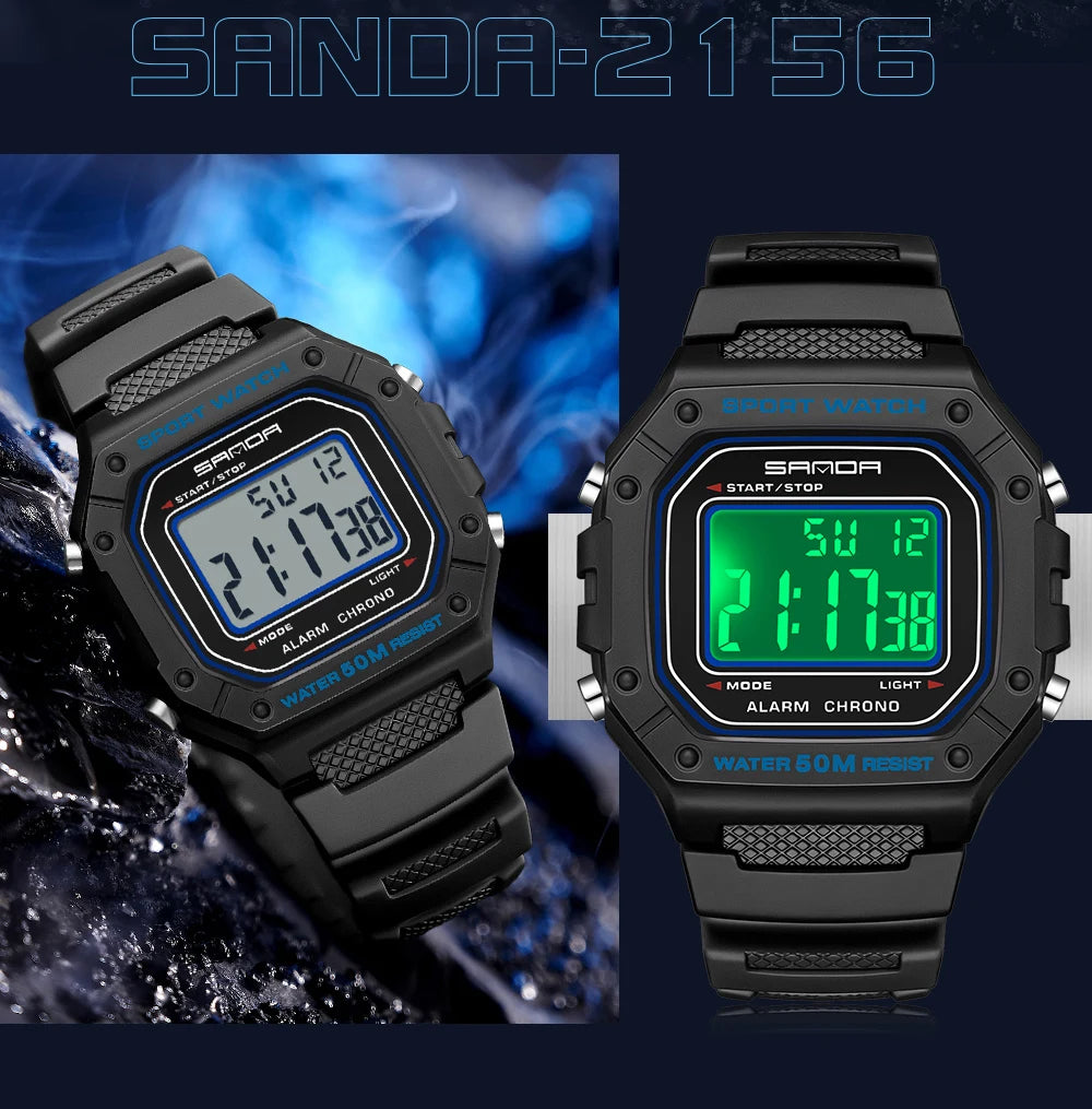 SANDA Fashion 2156 Men's Electronic Watch Movement Rectangular Sports Waterproof LED Display Screen Dial Men's Electronic Watch