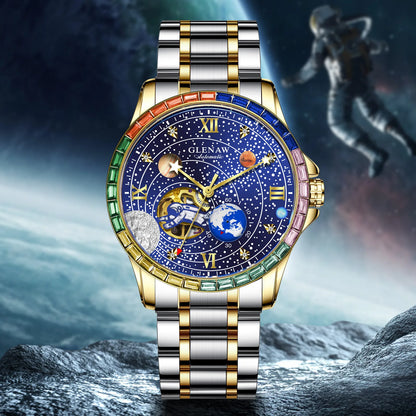 New GLENAW Rotating Earth Mechanical Watch Men Space astronaut dial Night Light Waterproof Stainless Steel Strap Automatic Watch
