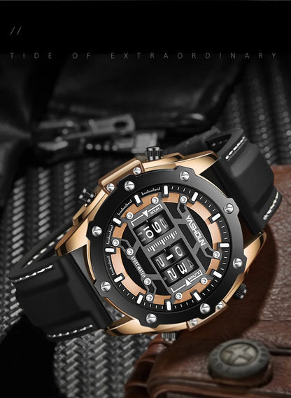 YASHIDUN Men Quartz Watch Roller Digital Dial Design Silicone Strap Versatile Wristwatch Clock Waterproof Military Sports Clock
