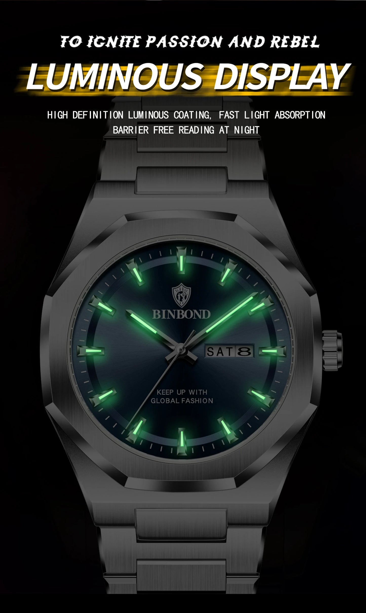 BINBOND Fashionable Men's Quartz Watch Dual Calendar Night Light Waterproof Trend Casual Business Sports Male Quartz Wristwatch