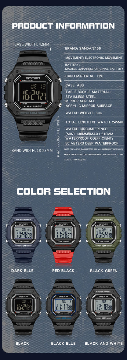 SANDA Fashion 2156 Men's Electronic Watch Movement Rectangular Sports Waterproof LED Display Screen Dial Men's Electronic Watch