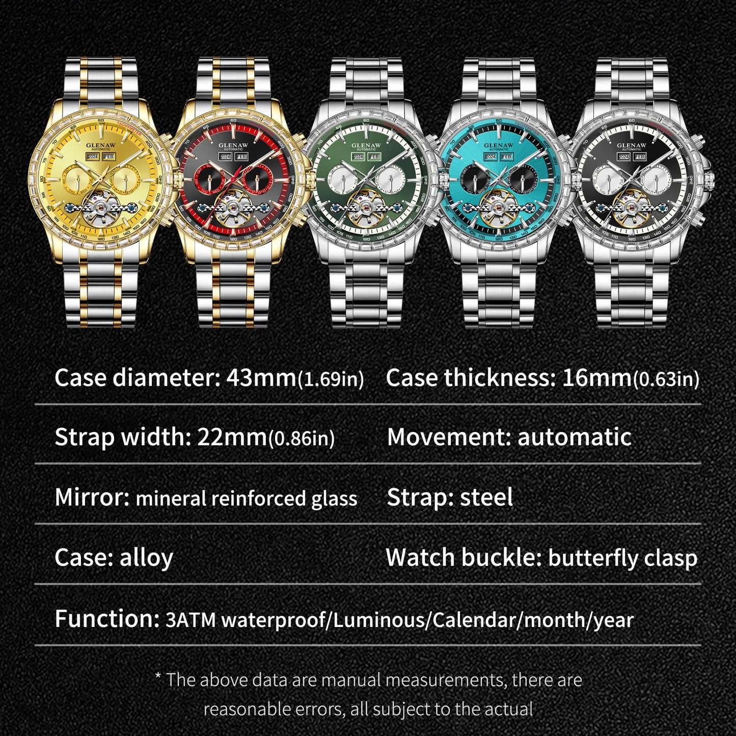 Glenaw high-end business fully automatic mechanical multi-function watch for men's fashionable waterproof watch