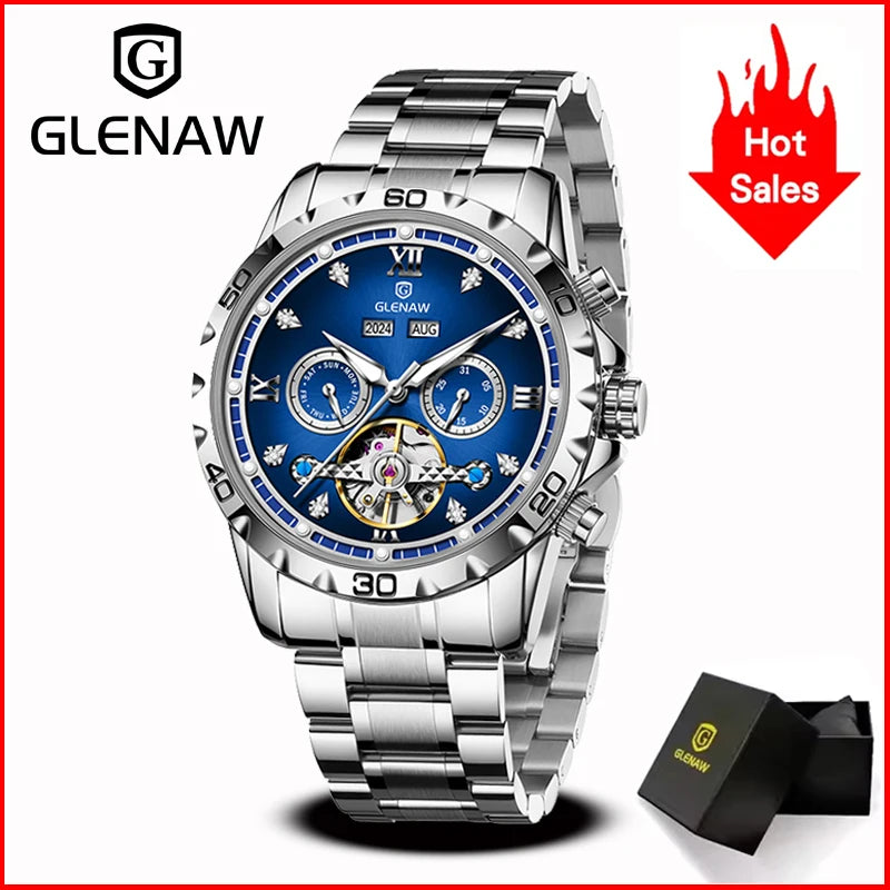 GLENAW NEW Year Month Sunday Multi-functional Mechanical Watch Men luxury Stainless Steel Waterproof Automatic watch steel strip