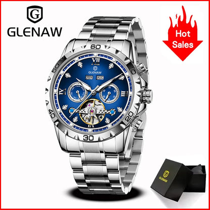 GLENAW NEW Year Month Sunday Multi-functional Mechanical Watch Men luxury Stainless Steel Waterproof Automatic watch steel strip