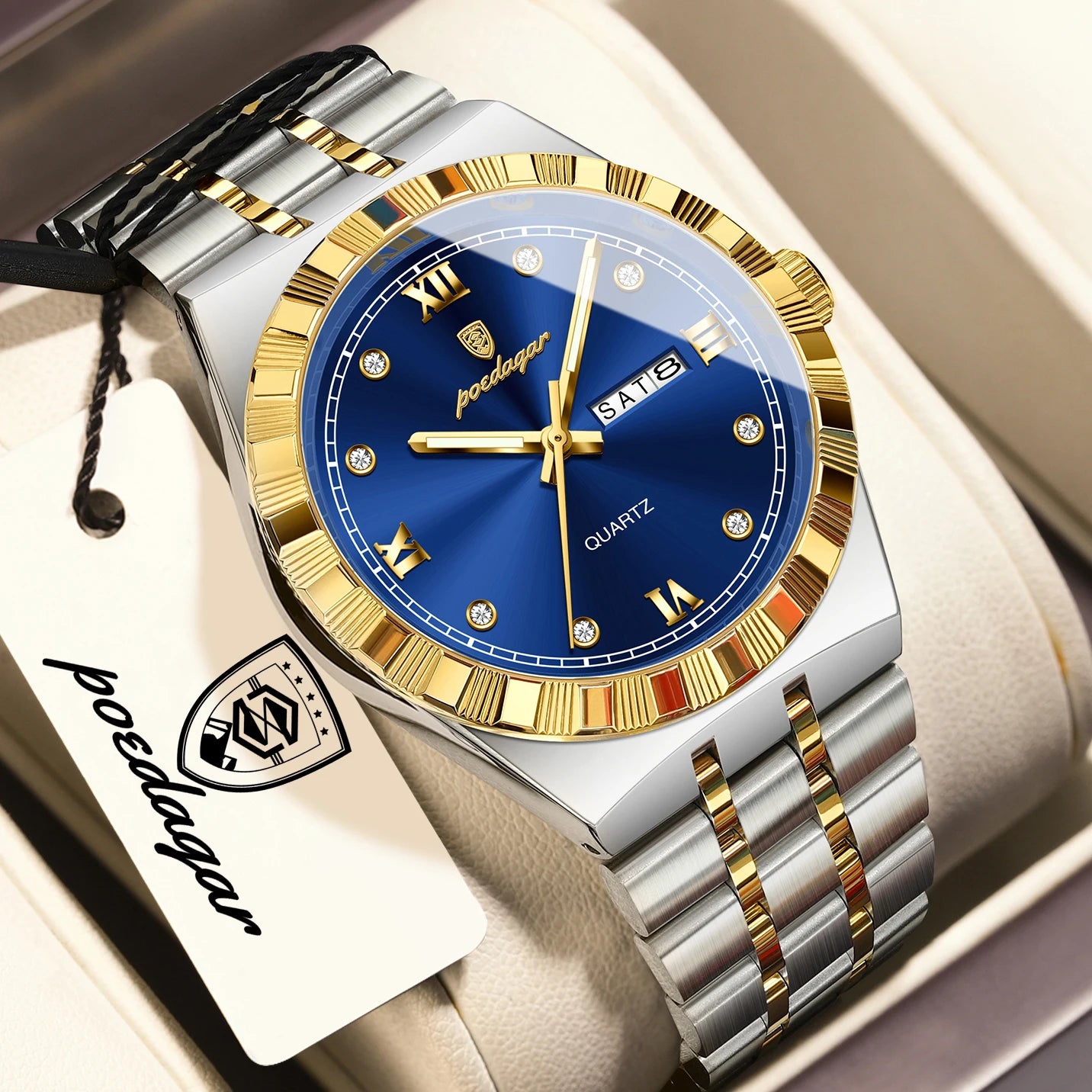 POEDAGAR Business Male Watches Waterproof Luminous Week Date Fashion Men's Wristwatch Stainless Steel Quartz Watch For Men Reloj