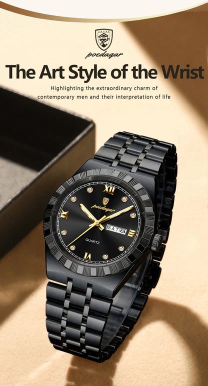 POEDAGAR Business Male Watches Waterproof Luminous Week Date Fashion Men's Wristwatch Stainless Steel Quartz Watch For Men Reloj