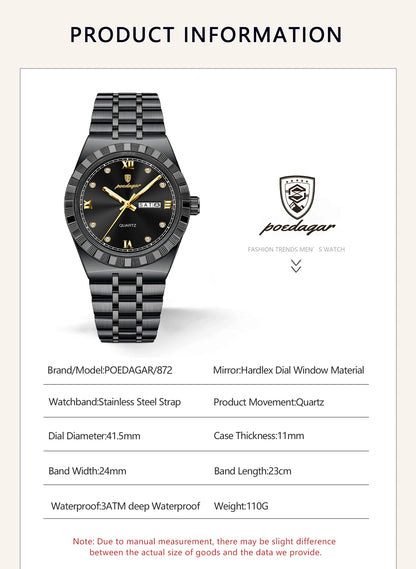 POEDAGAR Business Male Watches Waterproof Luminous Week Date Fashion Men's Wristwatch Stainless Steel Quartz Watch For Men Reloj
