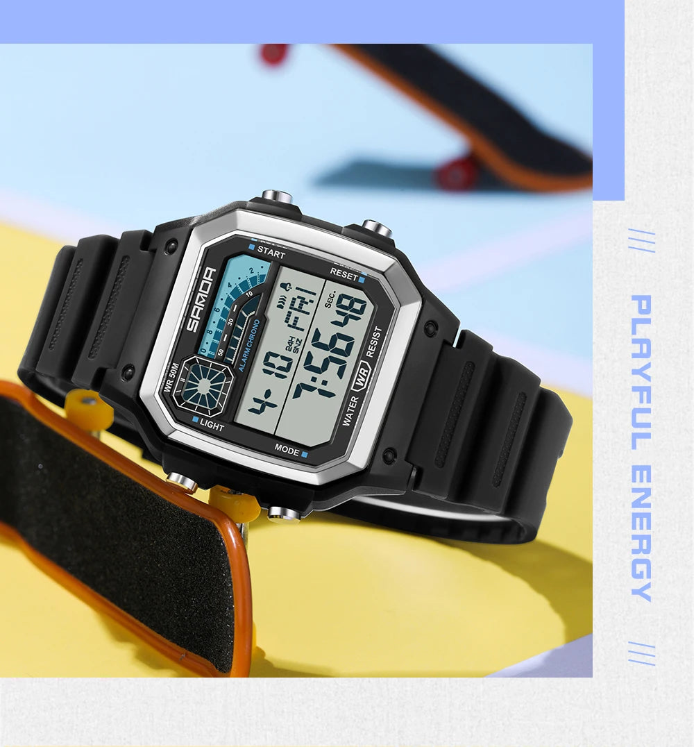 SANDA 6196 Student Electronic Watch Night Light Waterproof Sports Men's Lightweight Square Luxury Classic  Electronic Watch
