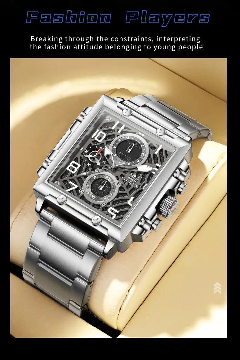 OLEVS Brand Square Multifunctional Quartz Watch for Men Stainless Steel Waterproof Sport Chronograph Mens Watches Reloj Hombre