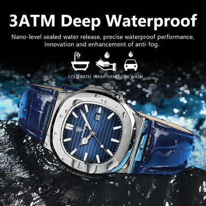 POEDAGAR Top Square Man Watch Date Waterproof Luminous Luxury Men Wristwatch High Quality Leather Men's Quartz Watches+Box Reloj