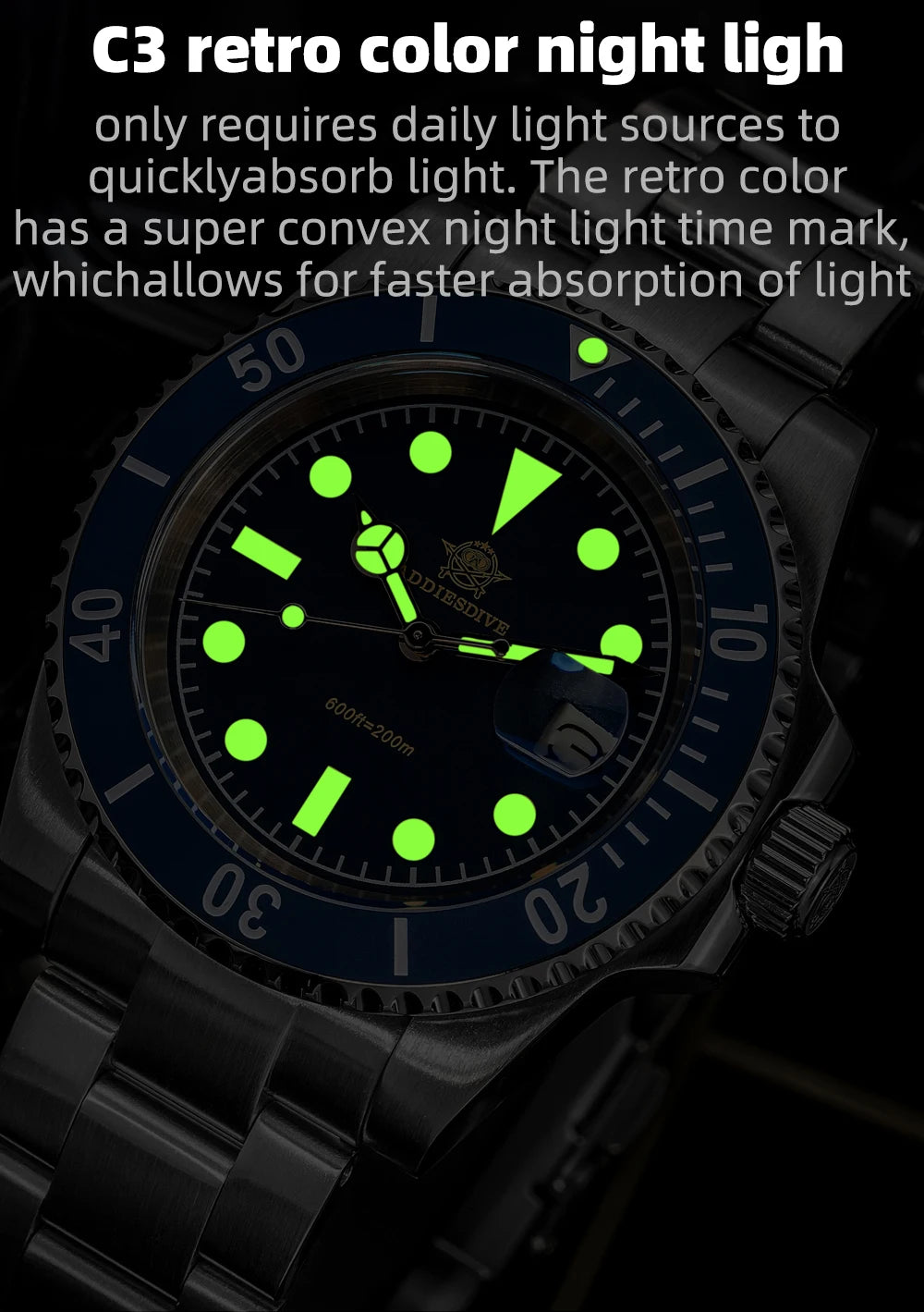 ADDIESDIVE Diver Watch Men Quartz Wristwatch 200m Waterproof Ceramic Bezel Super C3 Luminous AR Coating Calendar Diving Watch