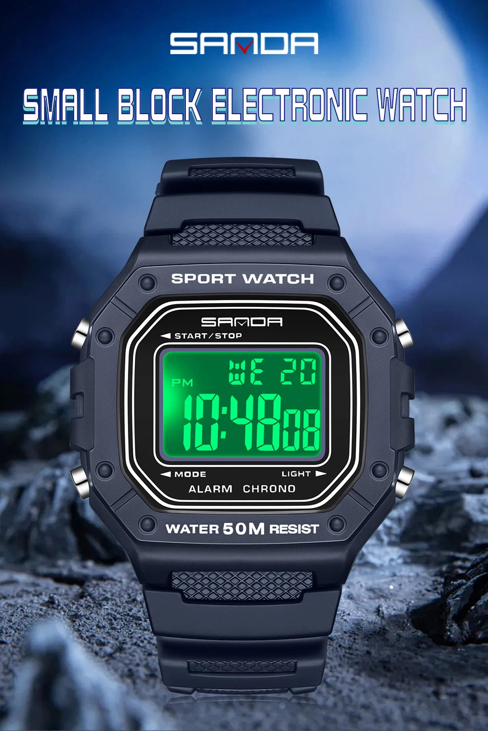 SANDA Fashion 2156 Men's Electronic Watch Movement Rectangular Sports Waterproof LED Display Screen Dial Men's Electronic Watch