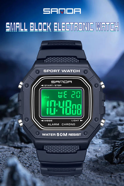 SANDA Fashion 2156 Men's Electronic Watch Movement Rectangular Sports Waterproof LED Display Screen Dial Men's Electronic Watch
