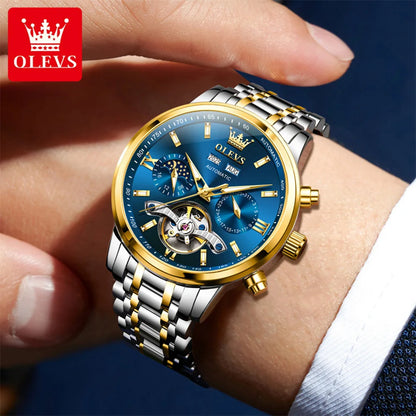 OLEVS 6740 Skeleton Flywheel Artistic Multifunctional Dials High Definition Translucent Coated Mirror Luminous Men's Watch