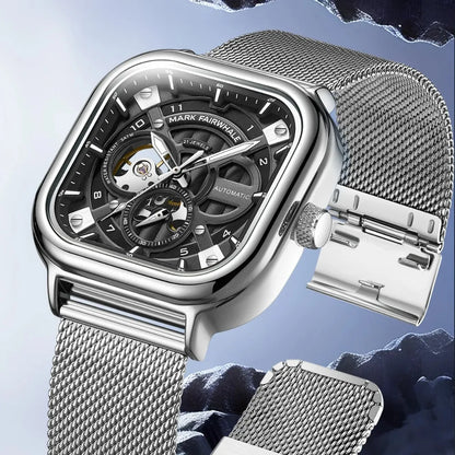 Mark Fairwhale 6014 Men's Automatic Movement Mechanical Watch Square Dial Stainless Steel Waterproof Mesh Strap Watches for Men