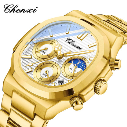 CHENXI Luxury Business Multifunctional Men's Watches Waterproof Chronograph Moonphase Stainless Steel Men's Quartz Watch Casual