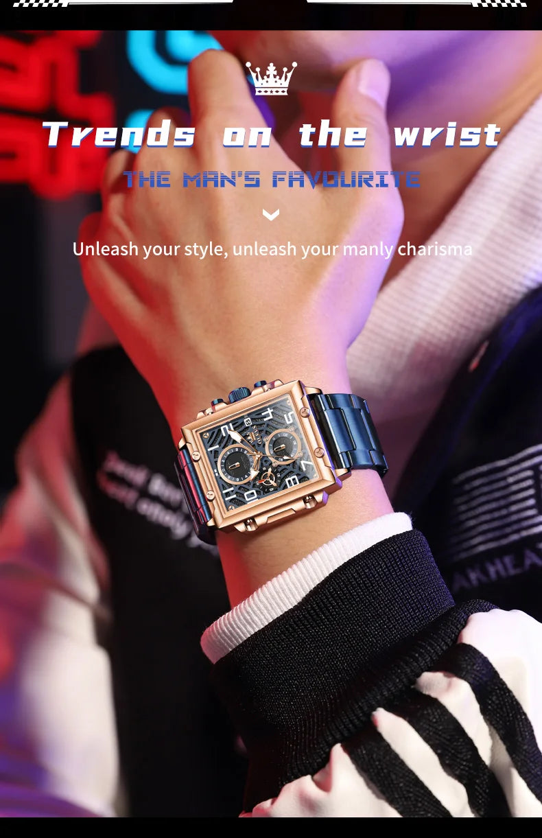 OLEVS Brand Square Multifunctional Quartz Watch for Men Stainless Steel Waterproof Sport Chronograph Mens Watches Reloj Hombre