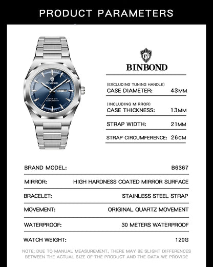 BINBOND Fashionable Men's Quartz Watch Dual Calendar Night Light Waterproof Trend Casual Business Sports Male Quartz Wristwatch