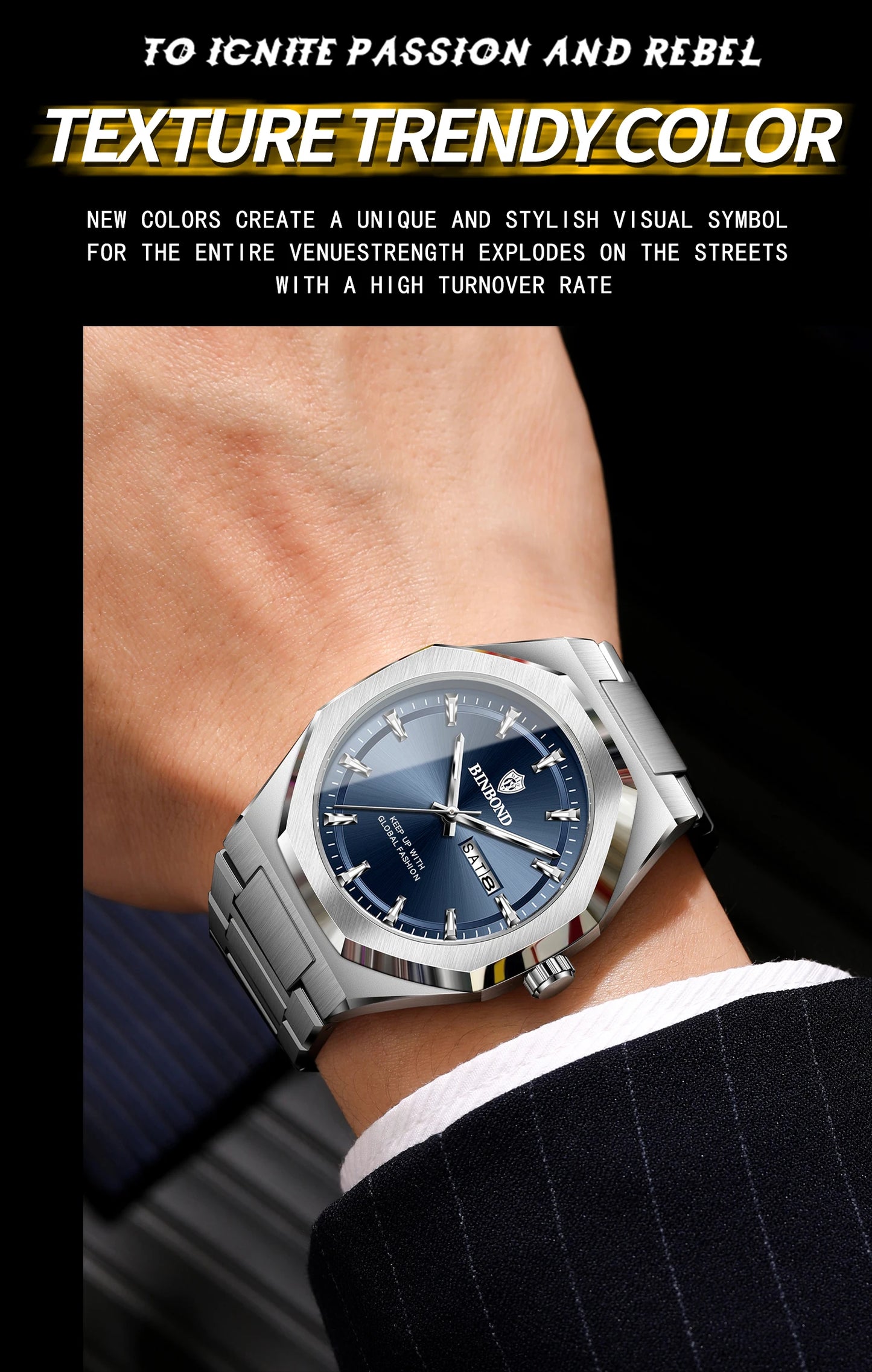 BINBOND Fashionable Men's Quartz Watch Dual Calendar Night Light Waterproof Trend Casual Business Sports Male Quartz Wristwatch