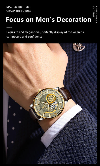 POEDAGAR Military Sport Man Watch Waterproof Luminous Hollow Tourbillon Men Clock Automatic Mechanical Leather Men's Watches+Box