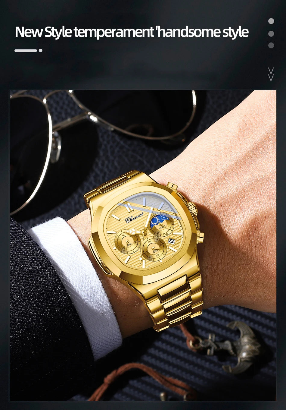 CHENXI Luxury Business Multifunctional Men's Watches Waterproof Chronograph Moonphase Stainless Steel Men's Quartz Watch Casual