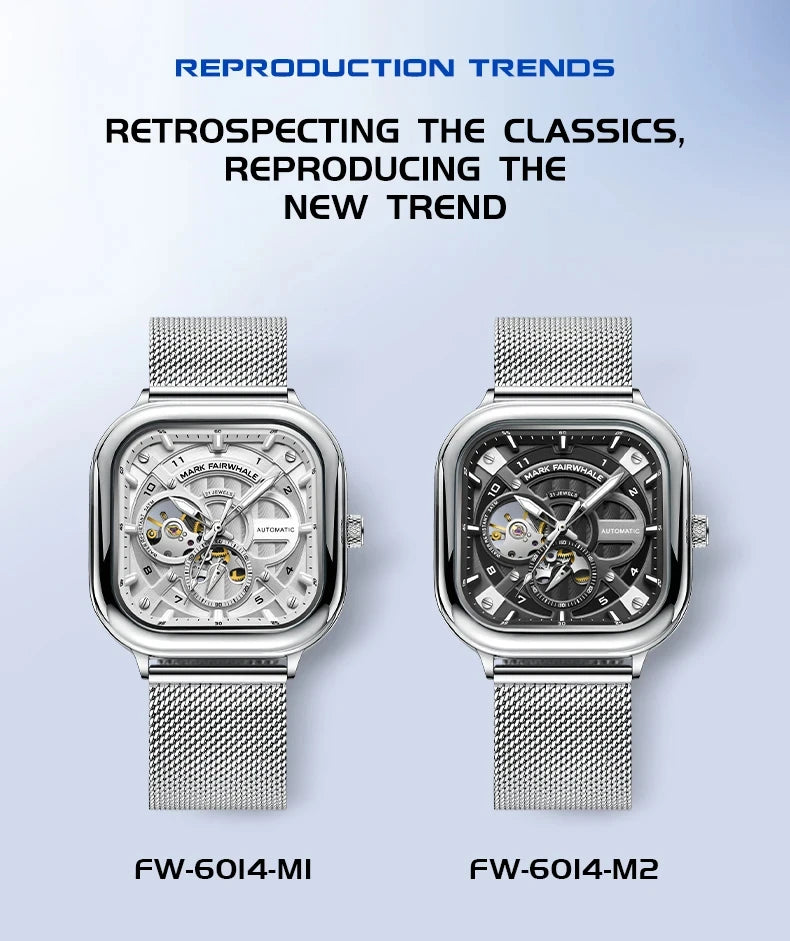 Mark Fairwhale 6014 Men's Automatic Movement Mechanical Watch Square Dial Stainless Steel Waterproof Mesh Strap Watches for Men